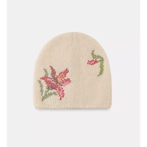 Zara Beige Beanie with Floral Embroidery